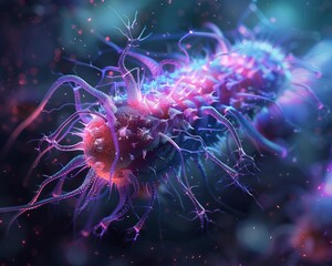 Obraz premium Bacterial morphology, 3D hologram, advanced lab research, hightech visualization