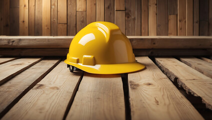 Labor day, a beautiful yellow construction hard hat resting on a wooden surface background