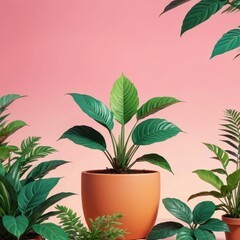 Green Plants on Pink Background.