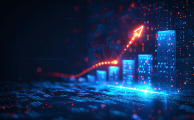 AI Driven Stock Market Growth with Glowing Arrow and Financial Graphs on Digital Technology Background