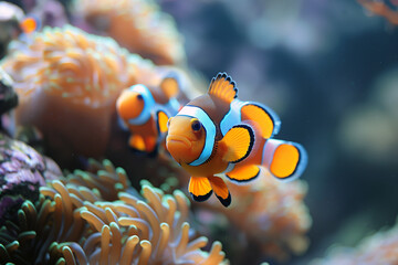 Clownfish or Anemonefish swimming around sea anemone. Generative AI