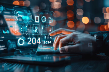 Businessman Planning Strategy for 2024 Business Growth with AI and Environmental Care Using Futuristic Technology