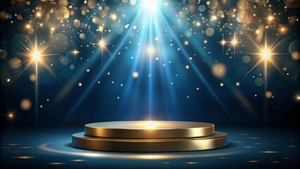 Elegant dark background illuminated by golden beam, empty blue podium centered, surrounded by bokeh decorations, conveying luxury and sophistication.
