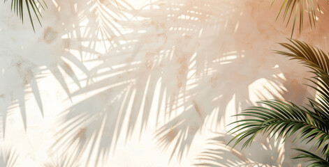 Obraz premium Abstract shadow of palm tree leaves on white wall, light beige and gray background, summer light and dark amber contrast, smooth texture, tropical minimalist design
