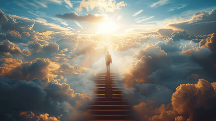 Man Ascending Stairs to Heaven Surrounded by Clouds and Divine Light Post-Death