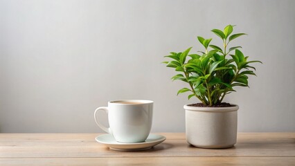 Sleek modern ceramic pot holding small lush green plant beside crisp white minimalist coffee mug on neutral background.