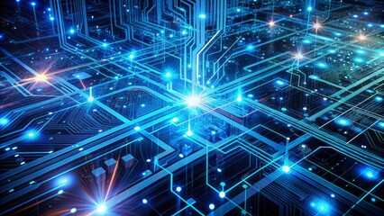 Obraz premium Futuristic technological background with vibrant blue circuit boards, swirling digital data streams, and intricate network connections in a dark atmosphere.