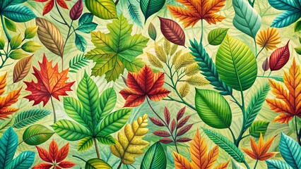 Vibrant leaf pattern on seamless background featuring lush green trees with branches stretching out in every direction naturally.