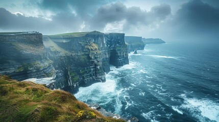 A dramatic coastal scene, rugged cliffs and a powerful ocean below