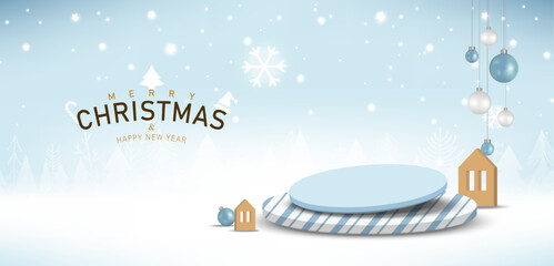 Christmas background design for product display. Circle base decorated with Christmas festive elements on winter scene background. Vector illustration.