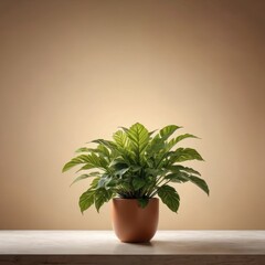 Fototapeta premium Green Plant in a Pot on a Wooden Table Against a Tan Wall.