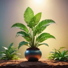 Obraz premium Tropical Plant in a Pot on a Desert Landscape.