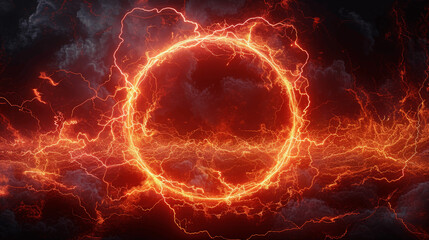 red circle plasma lightning particle effect with glow particles, burning flames in dark space, fire element swirling overlay
