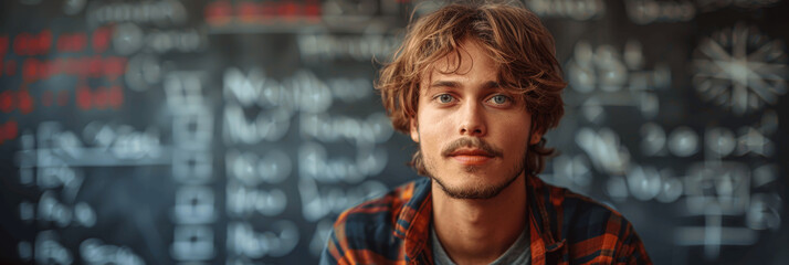 Student Explaining Complex Equations on Blackboard with Geometric Shapes and Numbers