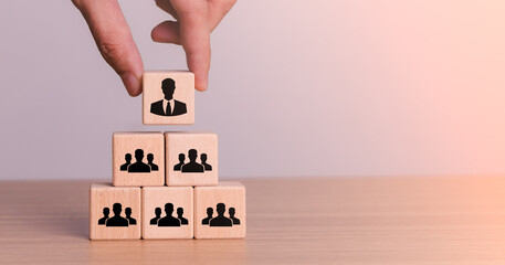 Organization and team structure symbolized with cubes, leadership manager team of company, business organizational hierarchy job concept, president job change control