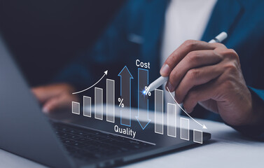 Cost and quality control, business strategy and project management concept. Businessman use...