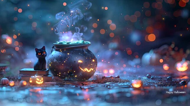 Halloween a witch's cauldron bubbling with a mysterious green potion. Seamless looping time-lapse virtual 4k video animation background