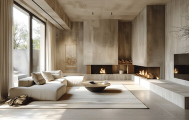 Modern minimalist living room interior with concrete walls and fireplace in beige color scheme, contemporary design for luxury apartments and homes
