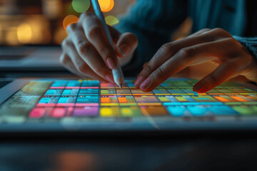 Business Woman Planning Event Schedule on Tablet with Calendar in Office