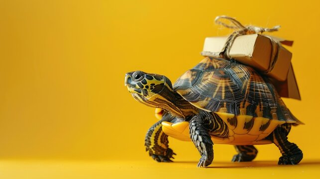 Turtle Carrying Parcel with Yellow Background - Unique Animal Stock Photography