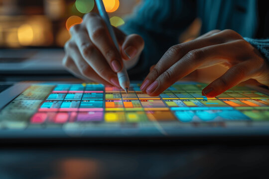 Business Woman Planning Event Schedule on Tablet with Calendar in Office