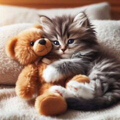 kitten hugging bear trying to sleep
