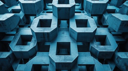 Abstract Geometric Blue Hexagonal Blocks Pattern Background with 3D Depth Effect