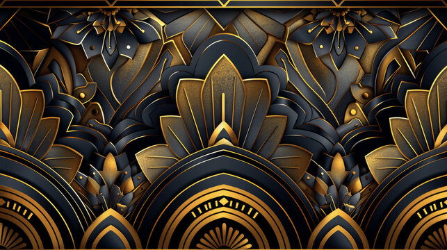 Elegant Gold and Black Art Deco Geometric Pattern, Vintage Background, Retro Gatsby Design, Luxury Ornament, Linear Shapes, Decorative Vector Illustration, 1920s Inspired