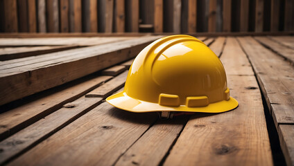 Labor day, a beautiful yellow construction hard hat resting on a wooden surface background