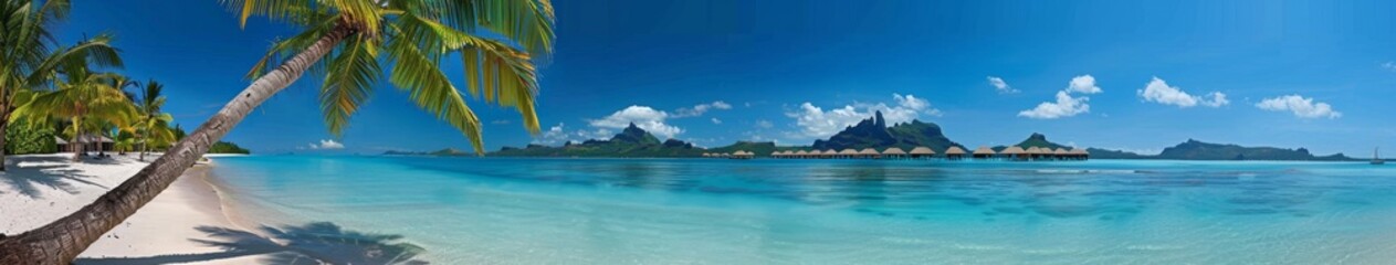 Obraz premium Abstract Wealth: Idyllic Tropical Beach Panorama with Leaning Palm Tree and Overwater Bungalows, Perfect for Summer Vacation, Retirement, and Happy Lifestyle, AI-Generated High-Resolution Wallpaper，Su