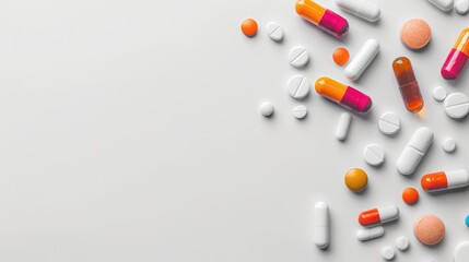 Various medications on white background with space for text