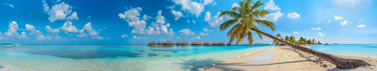 Fototapeta premium Abstract Wealth: Idyllic Tropical Beach Panorama with Leaning Palm Tree and Overwater Bungalows, Perfect for Summer Vacation, Retirement, and Happy Lifestyle, AI-Generated High-Resolution Wallpaper，Su