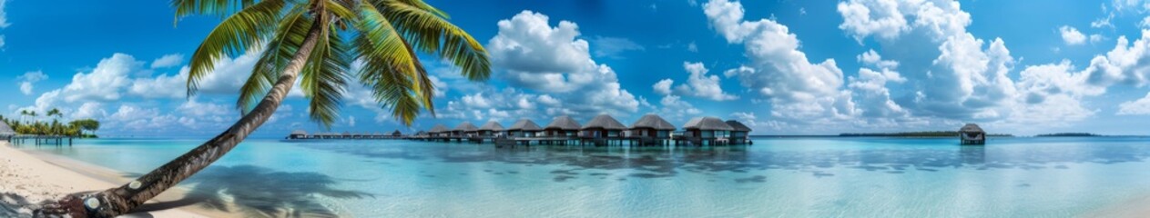 Fototapeta premium Abstract Wealth: Idyllic Tropical Beach Panorama with Leaning Palm Tree and Overwater Bungalows, Perfect for Summer Vacation, Retirement, and Happy Lifestyle, AI-Generated High-Resolution Wallpaper，Su
