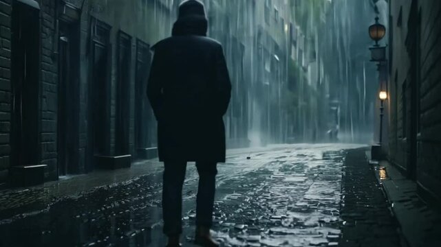 Heavy rain pours in a dark village with little light, shadows of old houses loom, cobblestone streets glisten, dim lanterns flicker, puddles ripple, a lone figure with an umbrella walks, and the sound