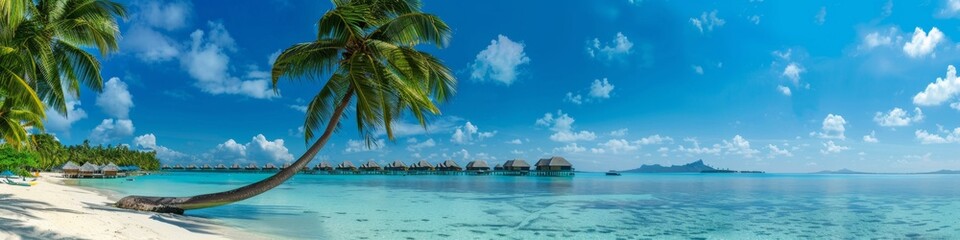 Abstract Wealth: Idyllic Tropical Beach Panorama with Leaning Palm Tree and Overwater Bungalows, Perfect for Summer Vacation, Retirement, and Happy Lifestyle, AI-Generated High-Resolution Wallpaper，Su