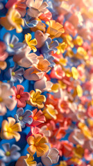 A colorful bouquet of flowers is displayed on a blue background. The flowers are arranged in a way that creates a sense of movement and depth, with some flowers appearing to be floating in the air