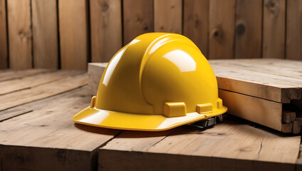 Labor day, a beautiful yellow construction hard hat resting on a wooden surface background