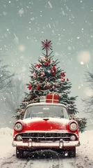 Rolgordijnen zonder boren Vintage Car with Christmas Tree and Gifts in Snowy Winter Wonderland © kvladimirv
