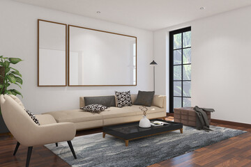 3d render of design interior of scandinavian  living room with frame mockup.Wood parquet floor, white ceiling and white flat ceiling. Set 25