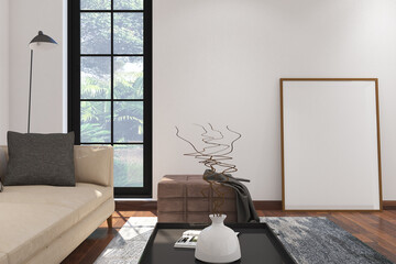 3d render of design interior of scandinavian  living room with frame mockup.Wood parquet floor, white ceiling and white flat ceiling. Set 27