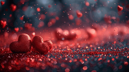 valentine's day falling hearts on dark glittery backdrop with abstract confetti particles and copy space