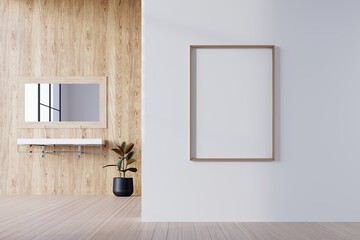 Home interior mock-up with bath tub, sink, mirror and decor in modern bathroom, 3d render