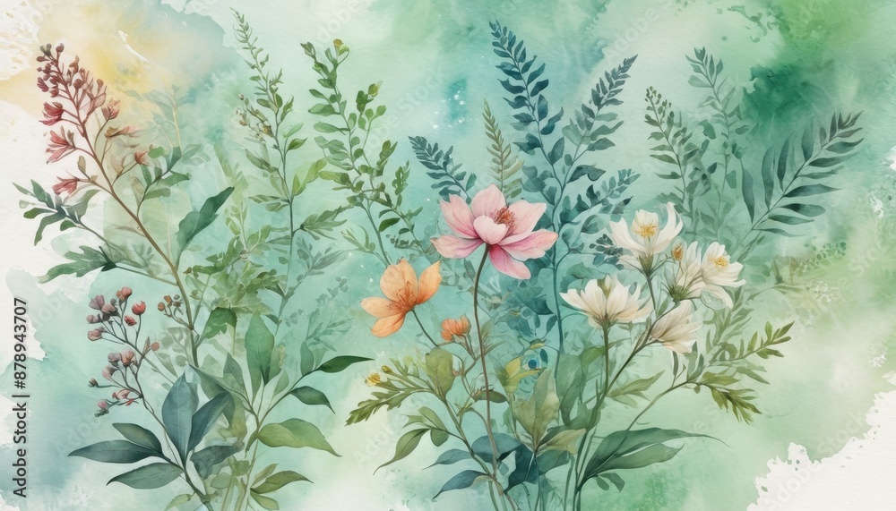 Wall mural watercolor floral bouquet on green background.