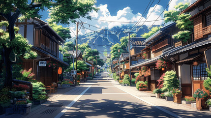 Obraz premium serene small town street in japan anime style vibrant sunny day beautiful traditional architecture cozy atmosphere