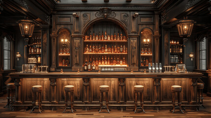 Classic Old-Fashioned Bar with Wooden Counter and Leather Stools