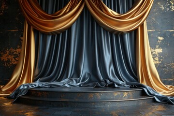 Golden Silk Podium Display on Abstract Black Background - Premium Luxury Stage Design with Generative AI Fabric