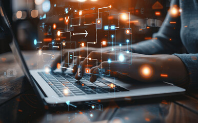 Businessman Analyzing Workflow Automation Using Digital Flowchart on Laptop