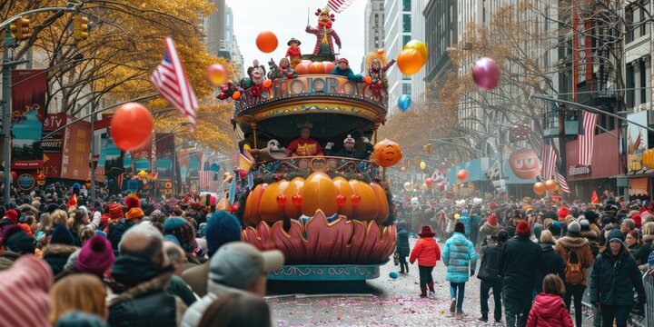 Festive images of the Macy's Thanksgiving Day Parade with colorful floats and happy spectators.