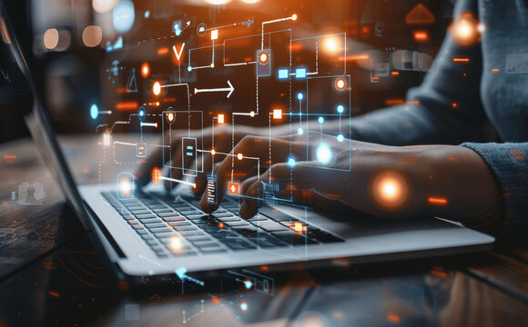 Businessman Analyzing Workflow Automation Using Digital Flowchart on Laptop