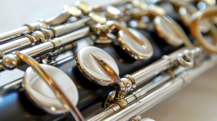 Obraz premium Macro shot of a clarinet, focusing on the shiny keys and detailed mechanisms, highlighting its craftsmanship.